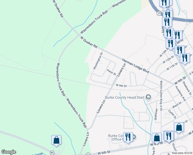 map of restaurants, bars, coffee shops, grocery stores, and more near 913 Kingston Drive in Waynesboro