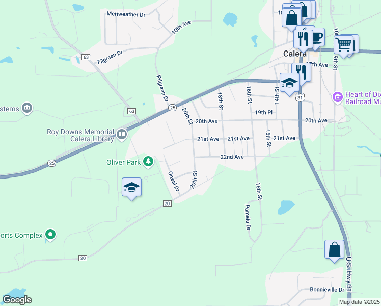 map of restaurants, bars, coffee shops, grocery stores, and more near 2075 21st Avenue in Calera