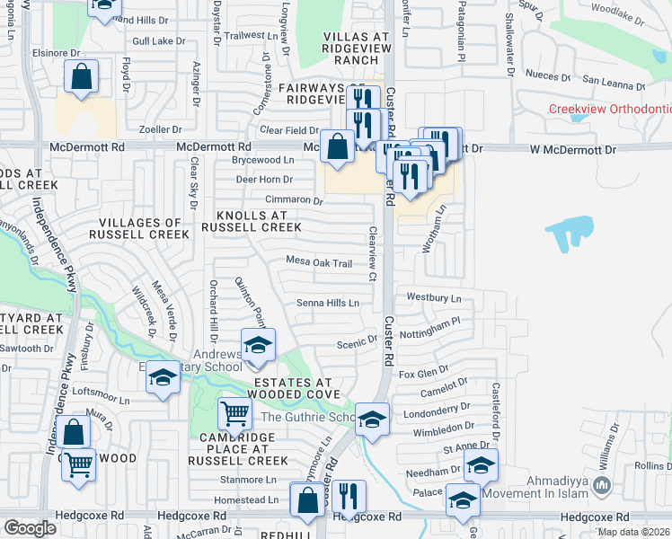 map of restaurants, bars, coffee shops, grocery stores, and more near 2324 Mesa Oak Trail in Plano