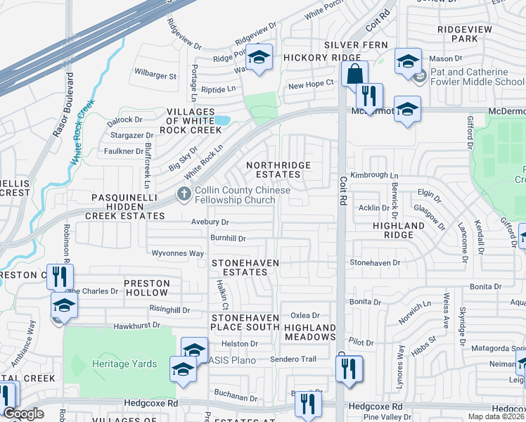 map of restaurants, bars, coffee shops, grocery stores, and more near 4316 Orchard Gate Lane in Plano