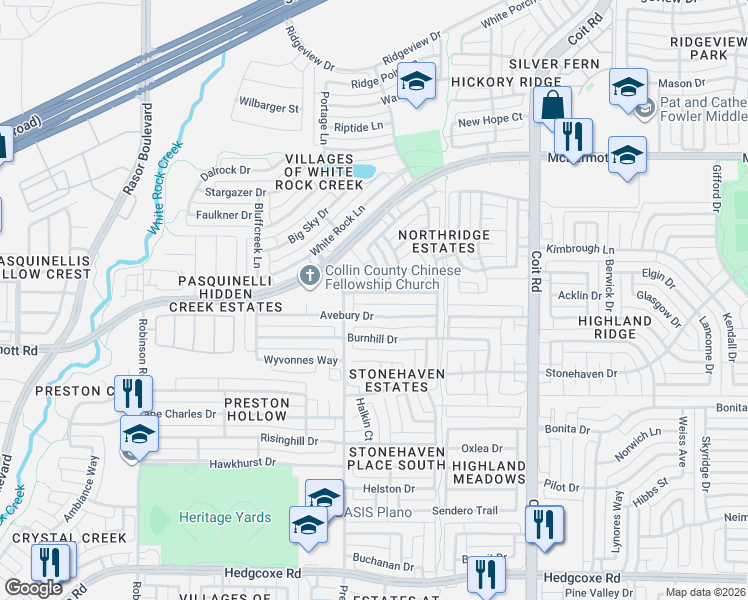 map of restaurants, bars, coffee shops, grocery stores, and more near 4420 Orchard Gate Lane in Plano