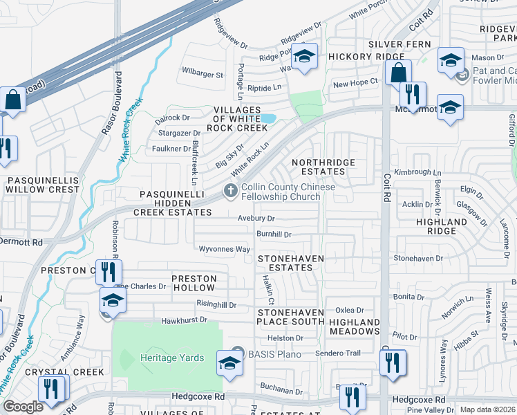 map of restaurants, bars, coffee shops, grocery stores, and more near 4501 Avebury Drive in Plano