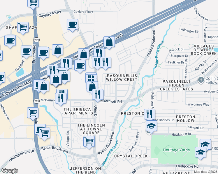 map of restaurants, bars, coffee shops, grocery stores, and more near 8629 Pauline Street in Plano