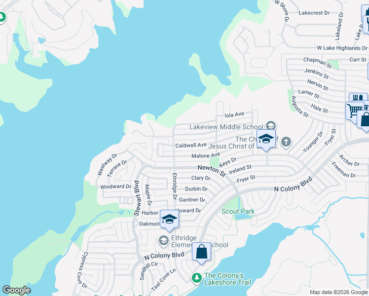 map of restaurants, bars, coffee shops, grocery stores, and more near 4121 Caldwell Avenue in The Colony