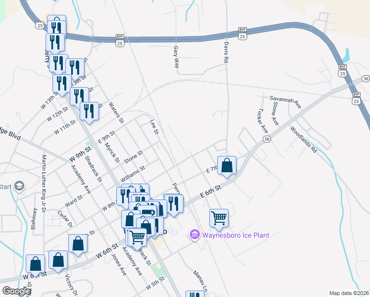 map of restaurants, bars, coffee shops, grocery stores, and more near 804 Yellow Town Road in Waynesboro