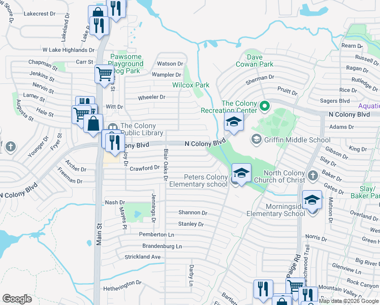 map of restaurants, bars, coffee shops, grocery stores, and more near 5037 Ashlock Drive in The Colony