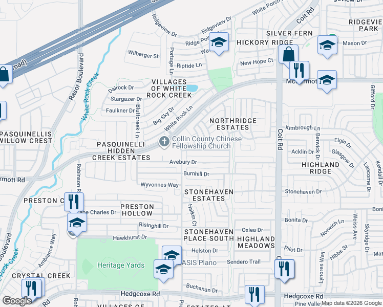 map of restaurants, bars, coffee shops, grocery stores, and more near 4420 Orchard Gate Lane in Plano