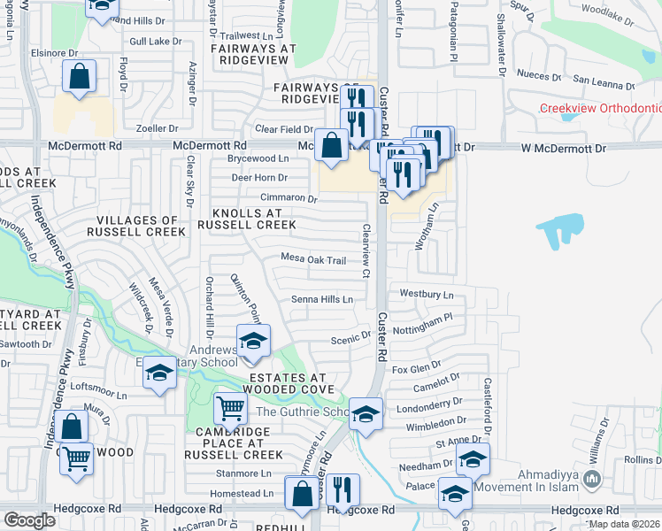 map of restaurants, bars, coffee shops, grocery stores, and more near 2324 Mesa Oak Trail in Plano