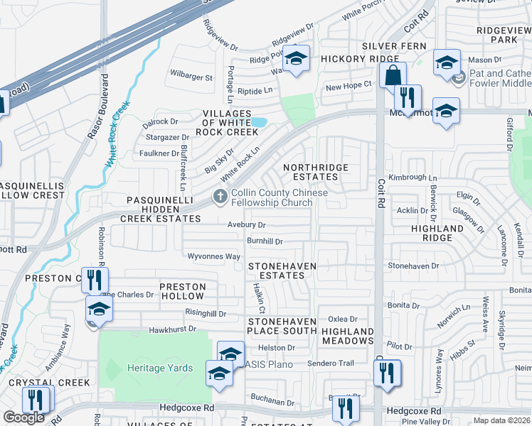 map of restaurants, bars, coffee shops, grocery stores, and more near 4420 Orchard Gate Lane in Plano
