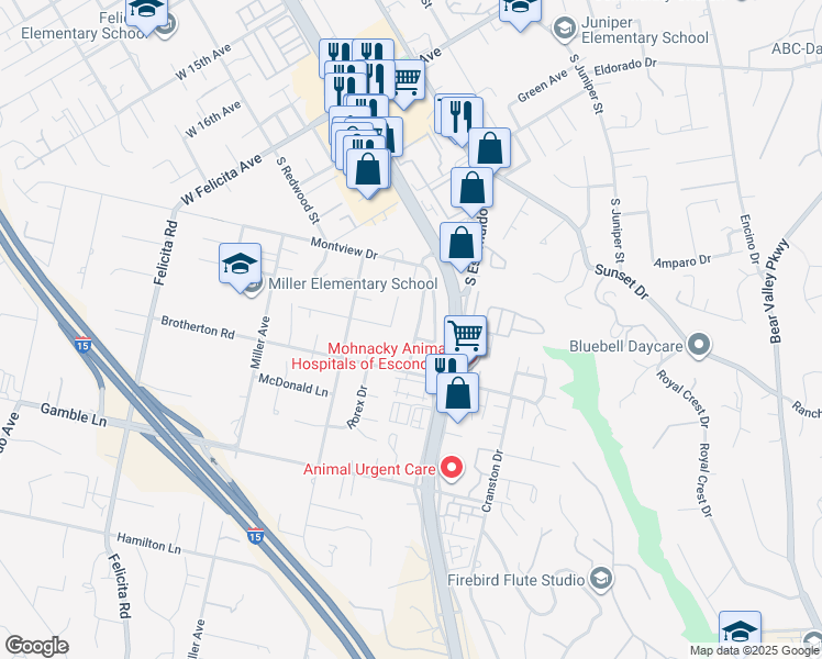 map of restaurants, bars, coffee shops, grocery stores, and more near 2217 Charise Street in Escondido