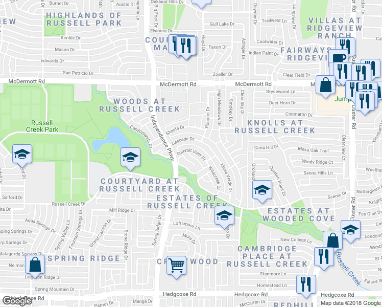map of restaurants, bars, coffee shops, grocery stores, and more near 2804 Summit View Drive in Plano