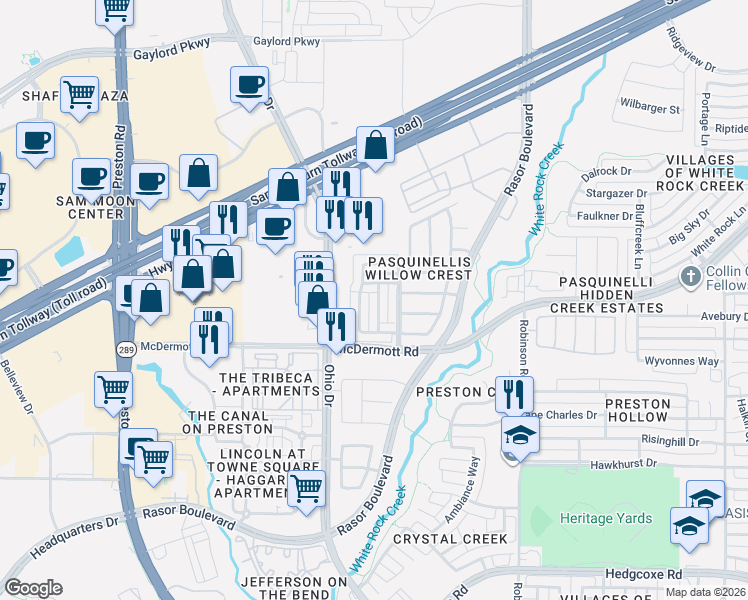 map of restaurants, bars, coffee shops, grocery stores, and more near 8629 Pauline Street in Plano