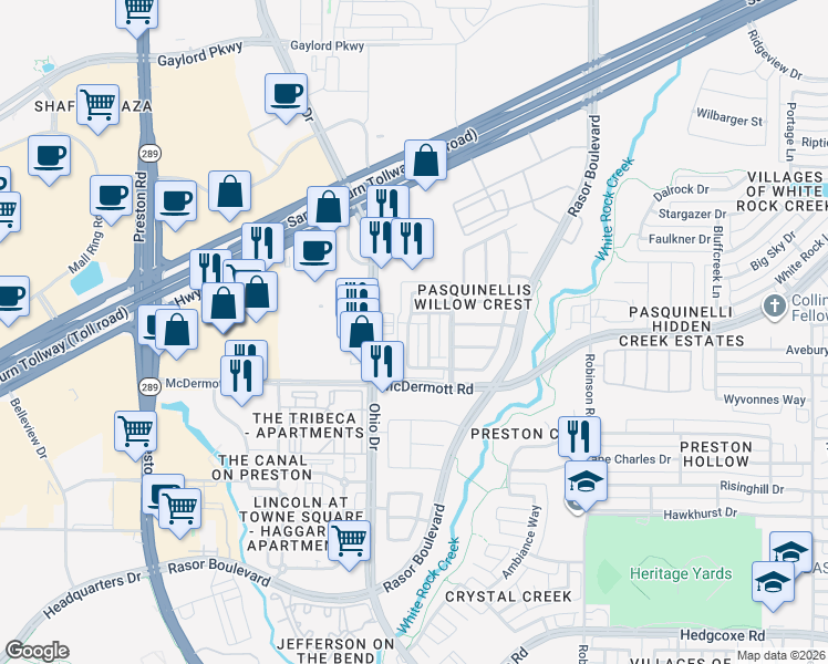 map of restaurants, bars, coffee shops, grocery stores, and more near 8629 Pauline Street in Plano