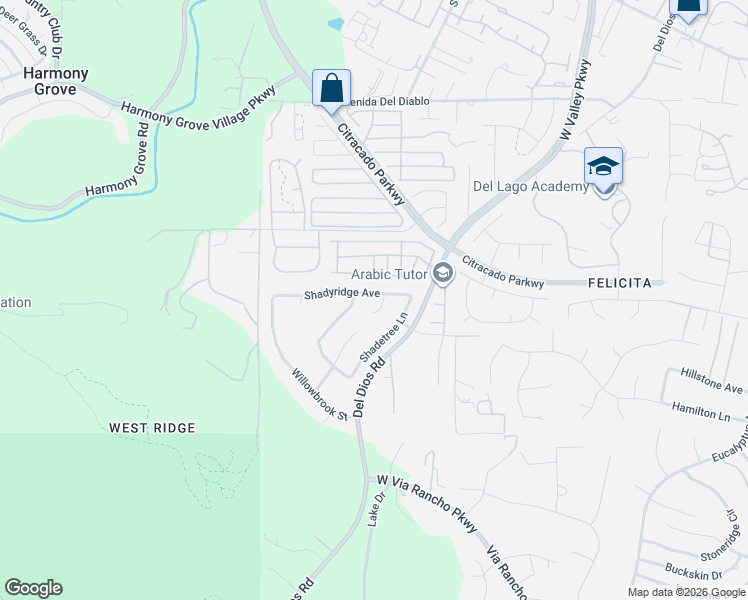 map of restaurants, bars, coffee shops, grocery stores, and more near 2245 Shadyridge Avenue in Escondido