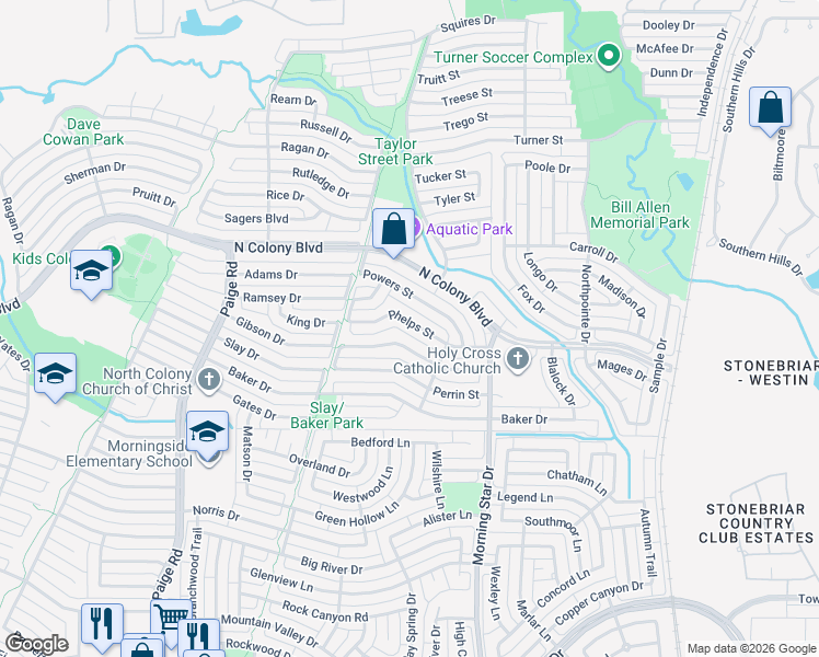 map of restaurants, bars, coffee shops, grocery stores, and more near 5644 Phelps Street in The Colony