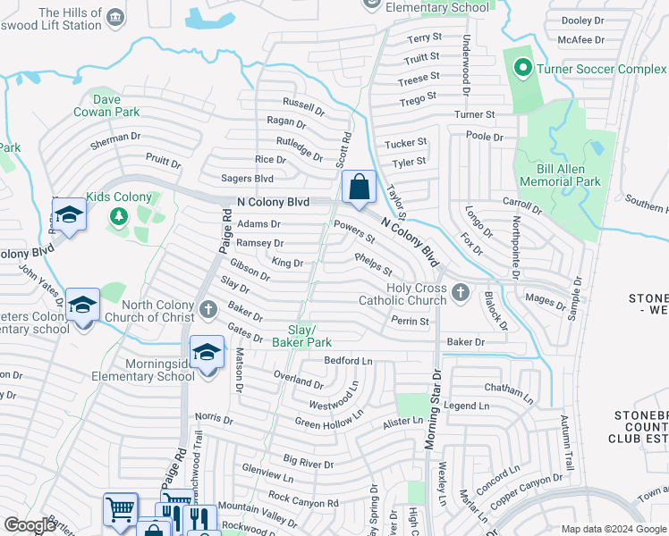 map of restaurants, bars, coffee shops, grocery stores, and more near 5612 Phelps Street in The Colony