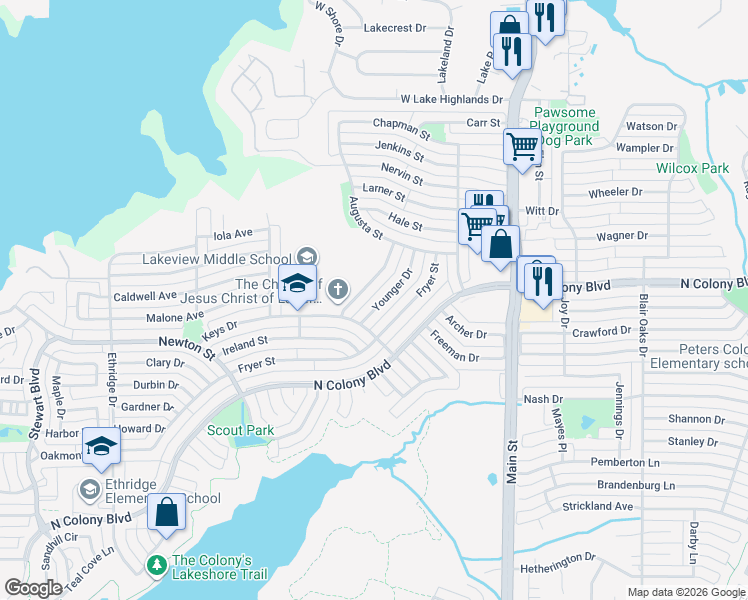 map of restaurants, bars, coffee shops, grocery stores, and more near 6820 Younger Drive in The Colony
