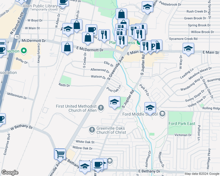 map of restaurants, bars, coffee shops, grocery stores, and more near 511 Post Oak Lane in Allen
