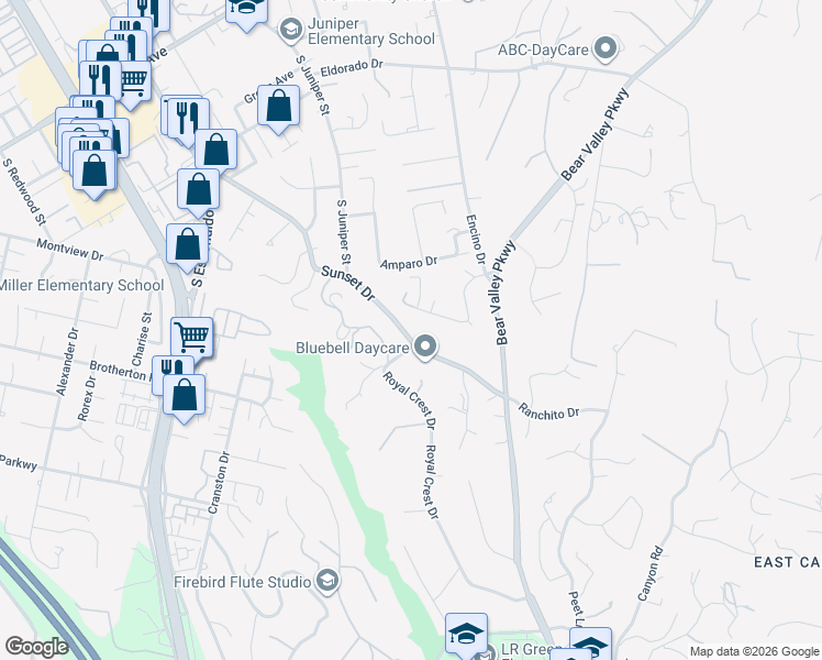 map of restaurants, bars, coffee shops, grocery stores, and more near 2282 Sunset Drive in Escondido