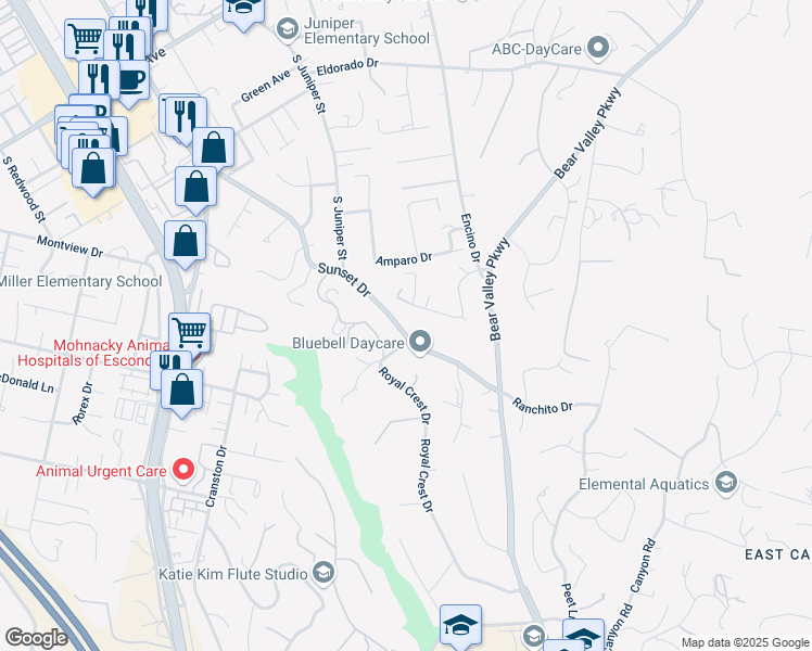 map of restaurants, bars, coffee shops, grocery stores, and more near 2282 Sunset Drive in Escondido