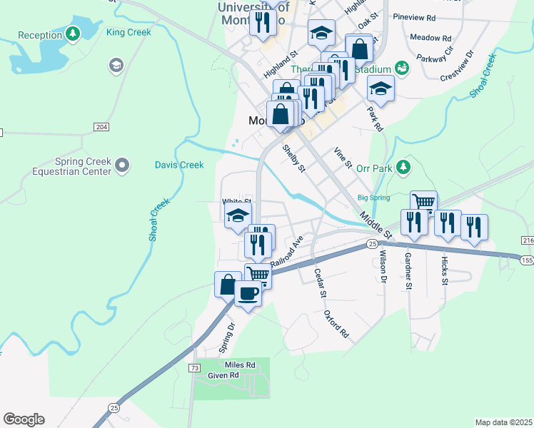 map of restaurants, bars, coffee shops, grocery stores, and more near 131 Ellis Street in Montevallo