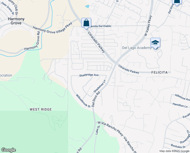map of restaurants, bars, coffee shops, grocery stores, and more near 2253 Shadyridge Avenue in Escondido