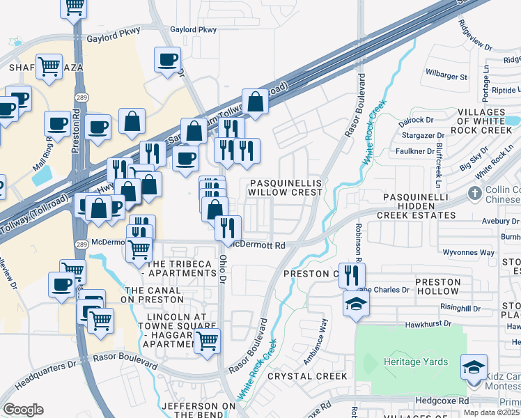 map of restaurants, bars, coffee shops, grocery stores, and more near 8628 Pauline Street in Plano
