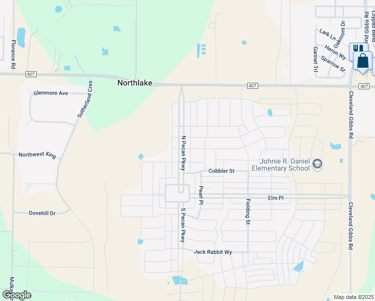 map of restaurants, bars, coffee shops, grocery stores, and more near 601 North Pecan Parkway in Northlake
