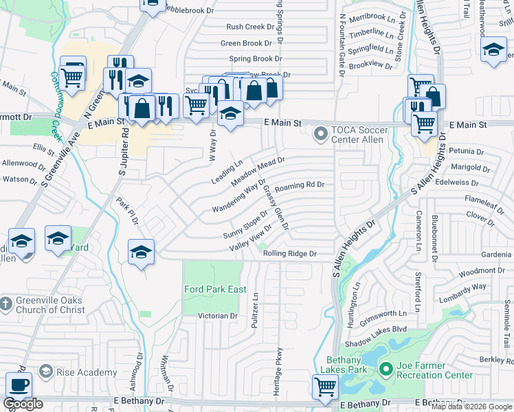 map of restaurants, bars, coffee shops, grocery stores, and more near 718 Roaming Road Drive in Allen