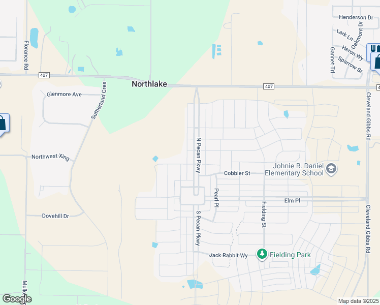 map of restaurants, bars, coffee shops, grocery stores, and more near 600 North Pecan Parkway in Northlake