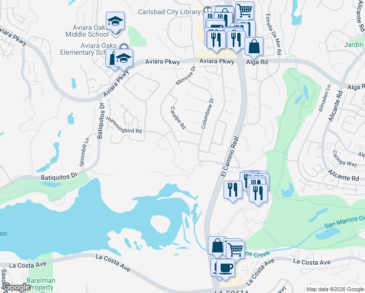 map of restaurants, bars, coffee shops, grocery stores, and more near 7252 Mimosa Drive in Carlsbad