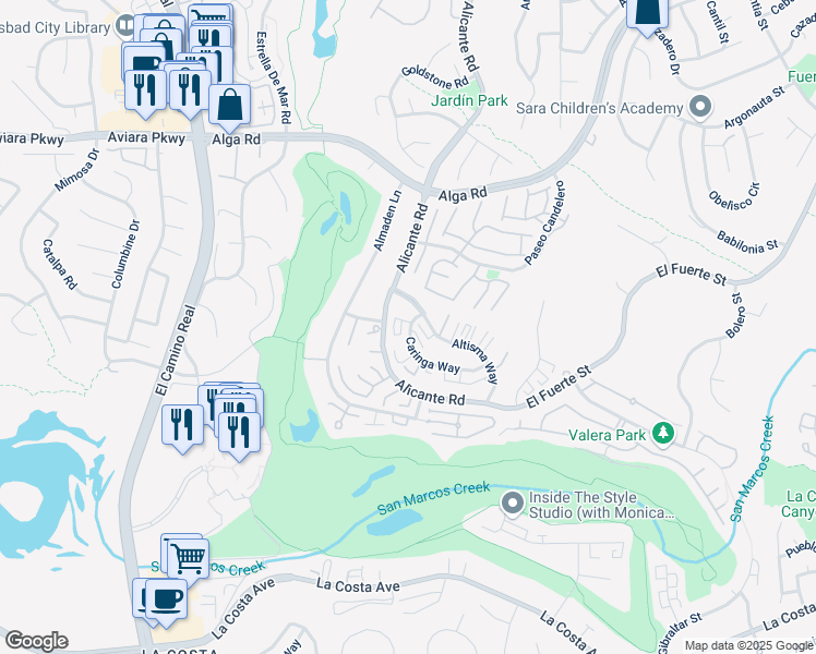 map of restaurants, bars, coffee shops, grocery stores, and more near 2305 Altisma Way in Carlsbad