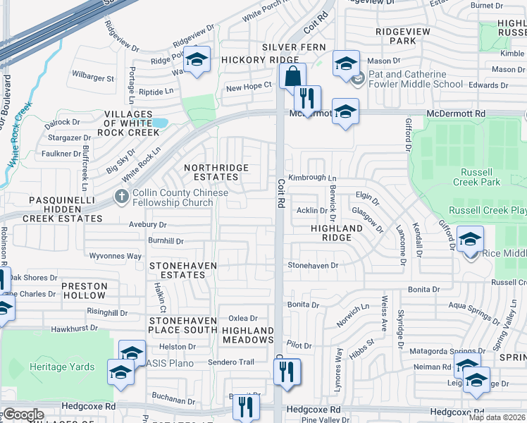 map of restaurants, bars, coffee shops, grocery stores, and more near 8641 Coit Road in Plano