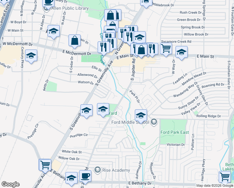 map of restaurants, bars, coffee shops, grocery stores, and more near 2 Cedar Elm Circle in Allen