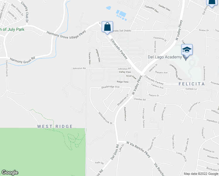 map of restaurants, bars, coffee shops, grocery stores, and more near 2319 Shadyridge Avenue in Escondido