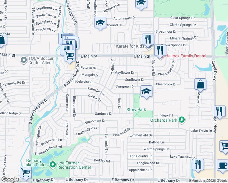 map of restaurants, bars, coffee shops, grocery stores, and more near 1509 Edelweiss Drive in Allen