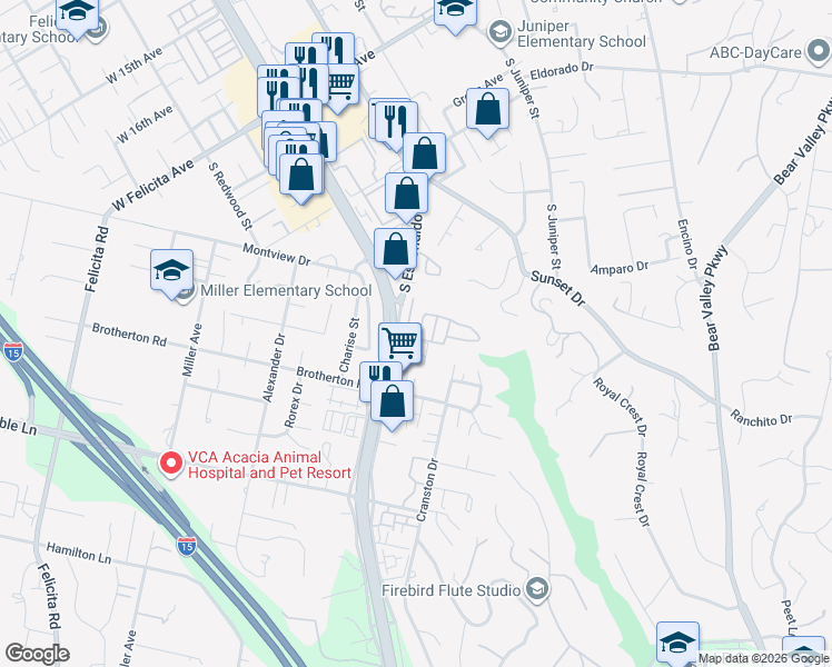 map of restaurants, bars, coffee shops, grocery stores, and more near 11 Larry Lane in Escondido
