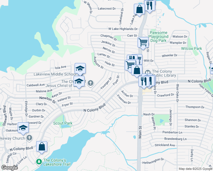map of restaurants, bars, coffee shops, grocery stores, and more near 6840 Fryer Drive in The Colony