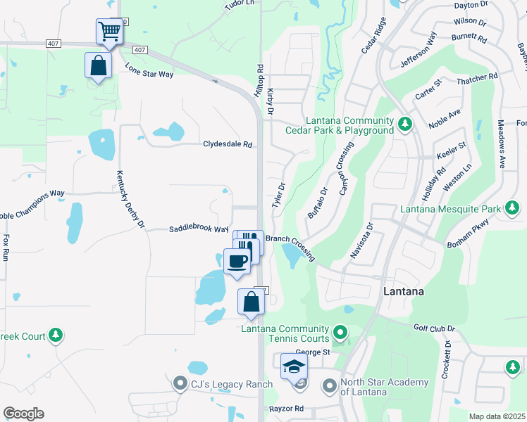 map of restaurants, bars, coffee shops, grocery stores, and more near 2307 Farm to Market Road 407 in Bartonville