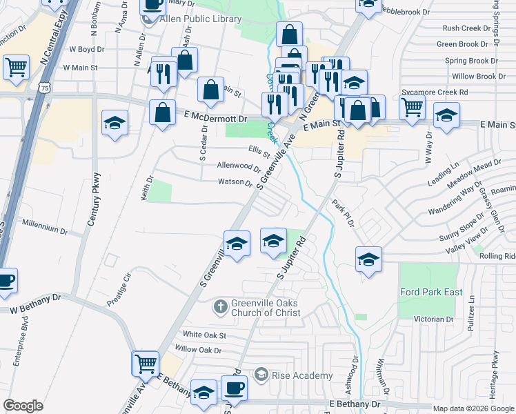 map of restaurants, bars, coffee shops, grocery stores, and more near 507 Post Oak Lane in Allen