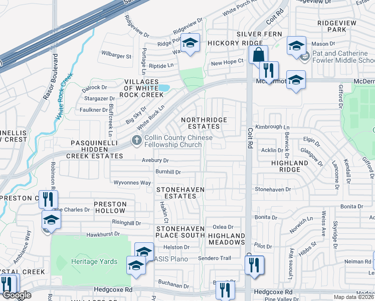 map of restaurants, bars, coffee shops, grocery stores, and more near 4316 Orchard Gate Lane in Plano