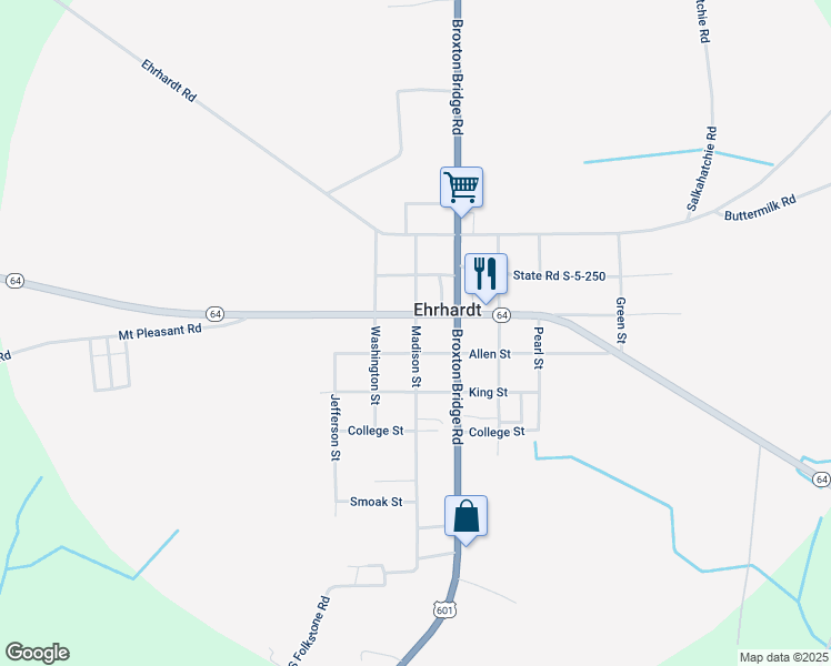 map of restaurants, bars, coffee shops, grocery stores, and more near 424 Allen Street in Ehrhardt
