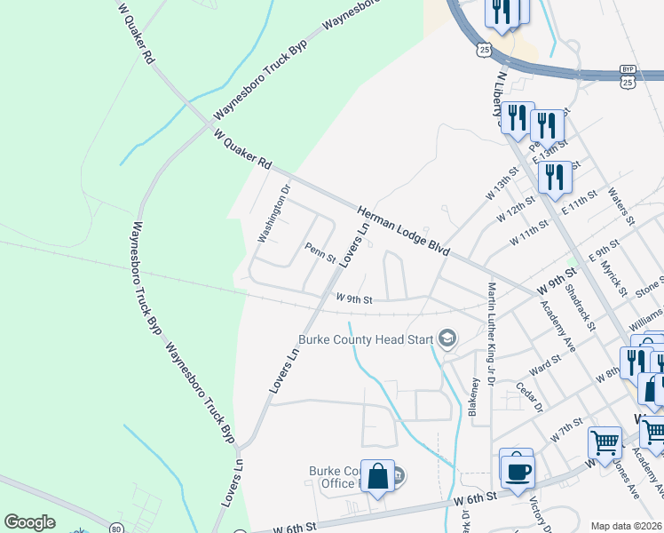 map of restaurants, bars, coffee shops, grocery stores, and more near 118 Lovers Lane in Waynesboro