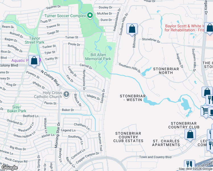 map of restaurants, bars, coffee shops, grocery stores, and more near 7124 Sample Drive in The Colony