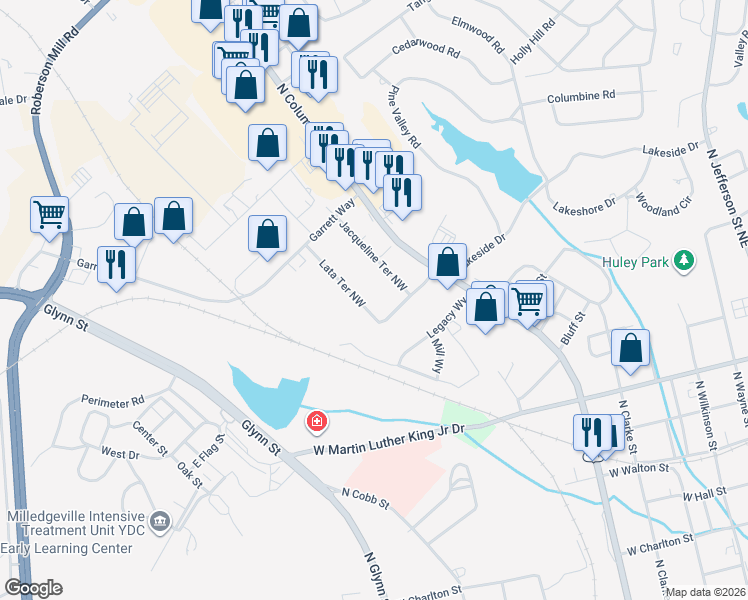 map of restaurants, bars, coffee shops, grocery stores, and more near 106 Russell Drive in Milledgeville