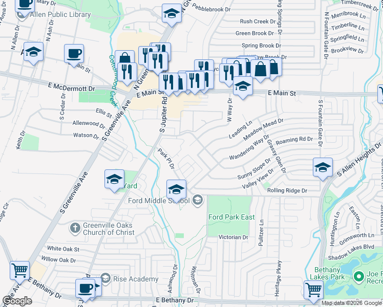 map of restaurants, bars, coffee shops, grocery stores, and more near 655 Leading Lane Drive in Allen