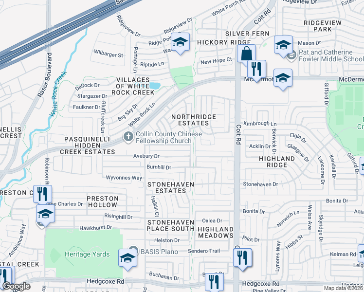map of restaurants, bars, coffee shops, grocery stores, and more near 4316 Orchard Gate Lane in Plano