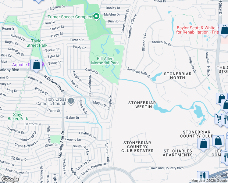 map of restaurants, bars, coffee shops, grocery stores, and more near 7124 Sample Drive in The Colony