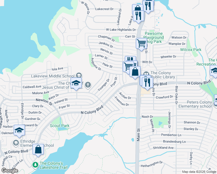 map of restaurants, bars, coffee shops, grocery stores, and more near 6840 Fryer Drive in The Colony