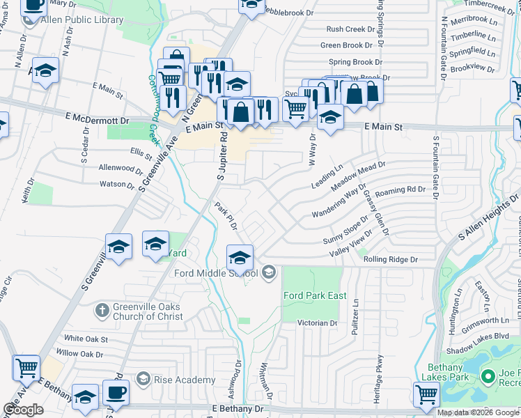 map of restaurants, bars, coffee shops, grocery stores, and more near 655 Leading Lane Drive in Allen